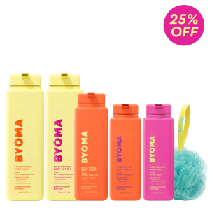 BYOMA Ultimate Brightening 5‑Piece Bodycare Bundle, Barrier‑Boosting Full‑Body Skincare Set with Brightening Body Wash, Brightening Body Lotion, Smoothing Body Polish, Smoothing Body Serum, Nourishing Body Oil & Shower Loofah